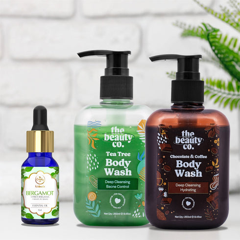 the beauty co Shower Routine Tea Tree and Choco Coffee Body Wash and Bergamot Essential Oil